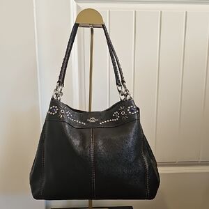 Coach 2017 Lexy XL Black Pebbled Leather Hobo Shoulder Bag Rivet Details. EUC
